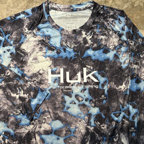 Huk Fishing Shirt Mens 3XL Blue Long Sleeve Mossy Oak Fracture Camo UPF - Picture 1 of 9